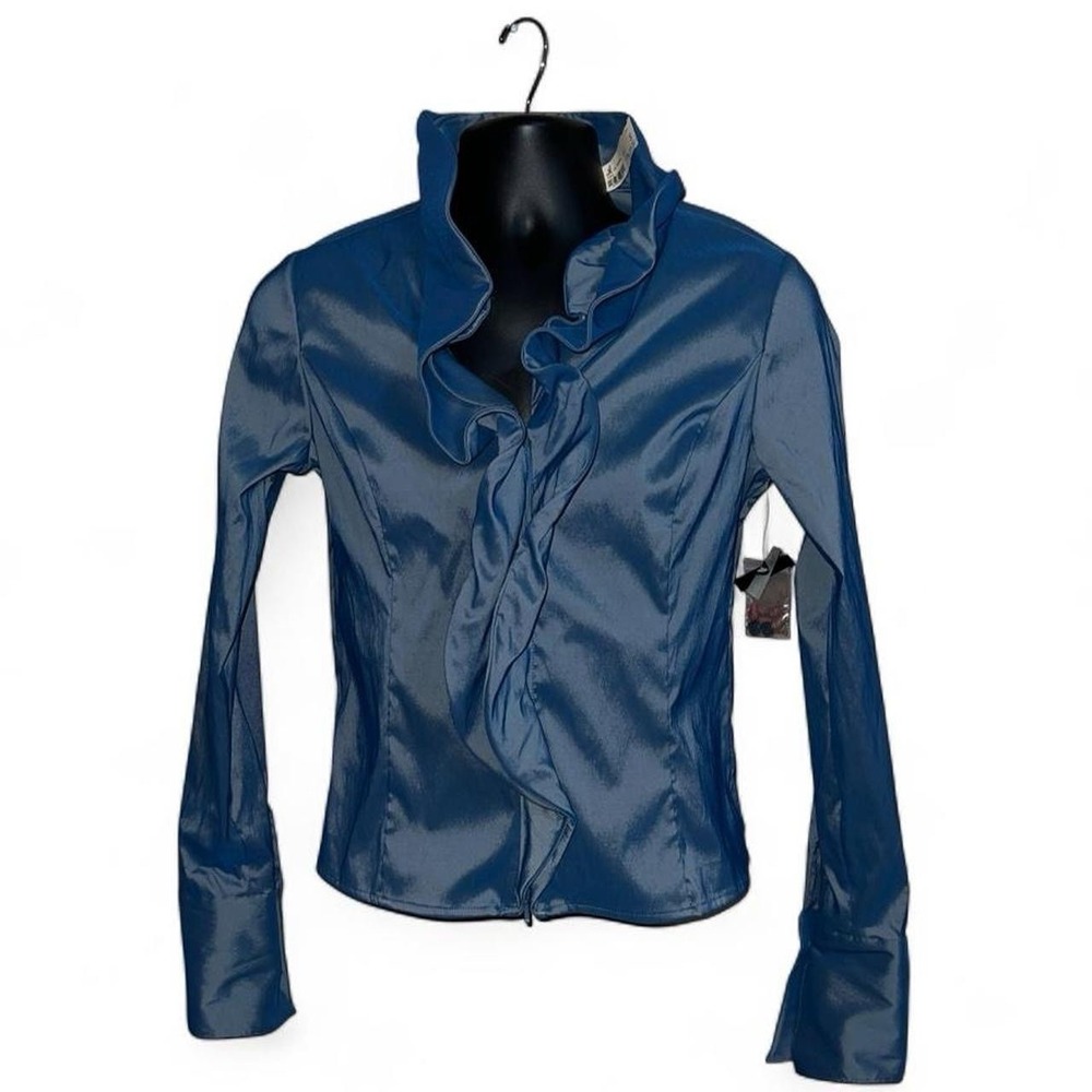 Samuel Dong Ruffled Zip Front Jacket/shacket Blue Women's S V-Neck Slim Fit
